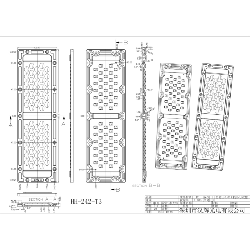 64pcs 3030LEDs Lens 236×70mm Precision Optical Control Multiple Angles Lens For Street Lighting